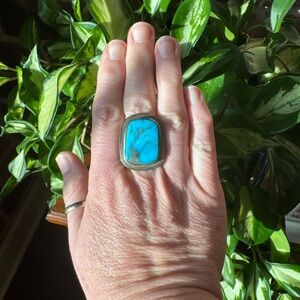 Artisan Sterling Silver Turquoise Ring with 14KT Gold Accent Ring Size 8